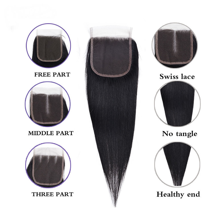 Extensiones de cabello indio crudo recto al por mayor 9A Grado 100 por ciento de cabello humano con cierre frontal de encaje