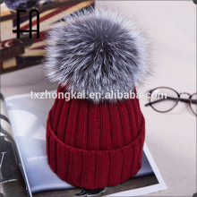 wholesale winter rib knit genuine silver fox fur ball hat silver fox bobble hat