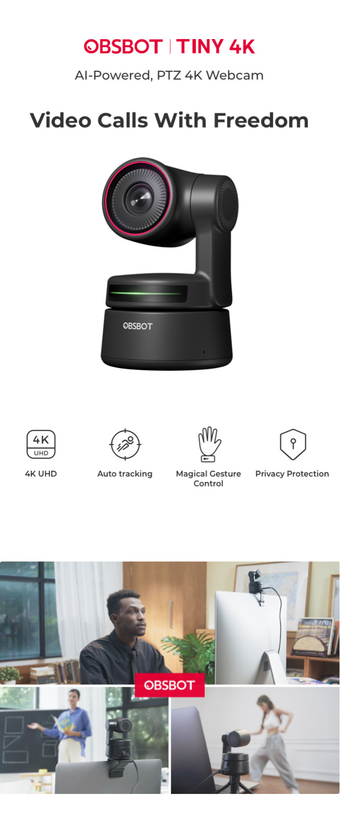 OBSBOT Tiny 4K AI-Powered PTZ Webcam AI-Tracking Auto-Framing Gesture Control HDR Dual Omni-Directional Mic Recording Streaming