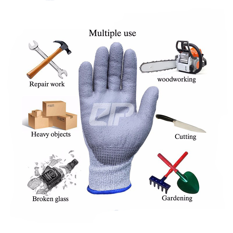 Factory Direct Anti Cut Level 5 HPPE+Fiberglass PU Cut Resistant Gloves with EN388 4543