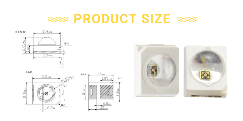 Size of 2835FYC59D10L20A60 Dome Lens SMD Amber LED Diode 150mA 60 degree