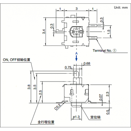 Sliding Rod အမြင့် 3.8mm Unidirectional Action Switch