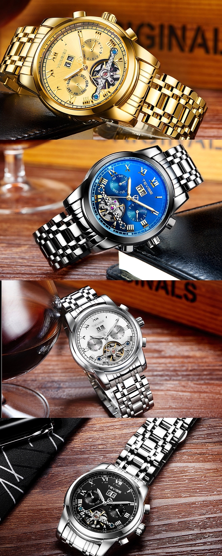 TEVISE Watch 9005 Fashion Business Clock العسكرية الرياضة التلقائية المعصم الفولاذ المقاوم للصدأ للماء الميكانيكية الرجال ووتش