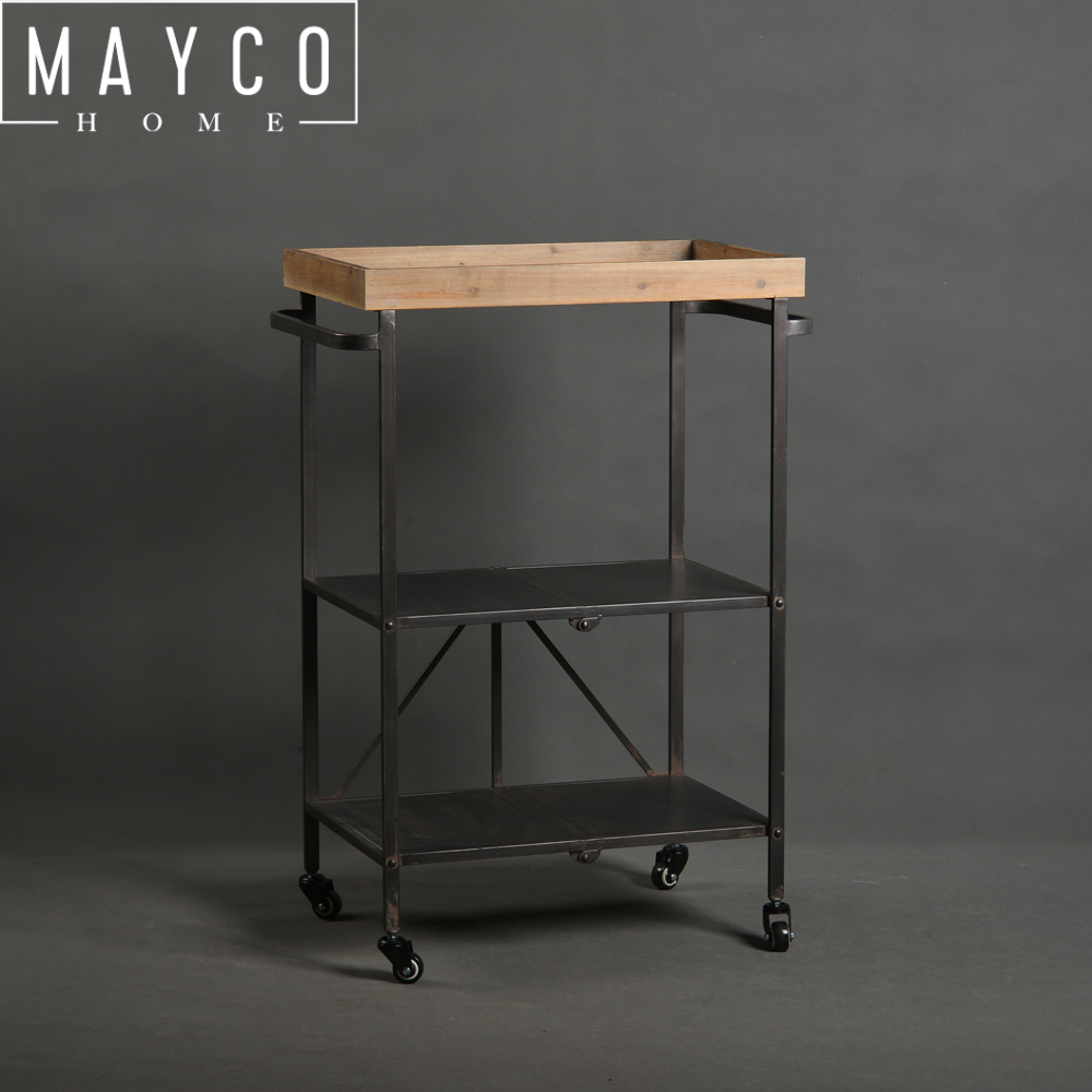 Mayco Modern Antique Vintage 3-Tiered Iron and Fir Wood Storage Serving Wine Bar Cart with Caster Wheels