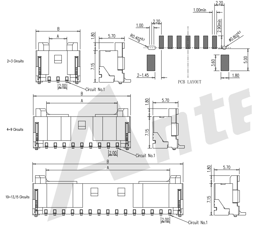 ขั้วต่อแผ่นเวเฟอร์ 2.0 มม. 180 ° SMT พร้อมโพสต์