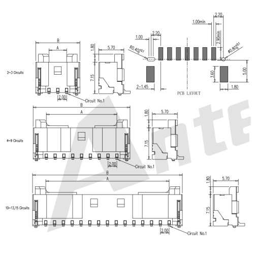 2,0 -mm -Tonhöhe 180 ° SMT Wafer -Stecker mit Pfosten