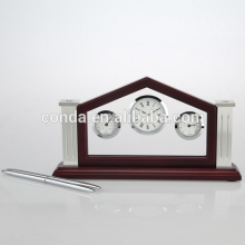 Popular wooden table desk clock with pen holders and weather station