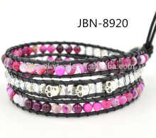 Rose red agate crystal beads Leather multilayer Bracelet Skull Bracelet