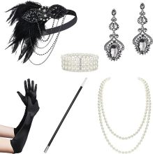 1920s Flapper Gatsby Costume Accessory Set: Headband, Necklace, Gloves & Cigarette Holder