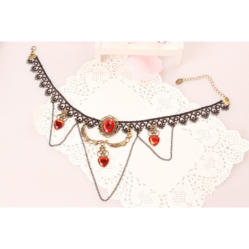 Collar de cordón negro Necklet gemas rojo Retro