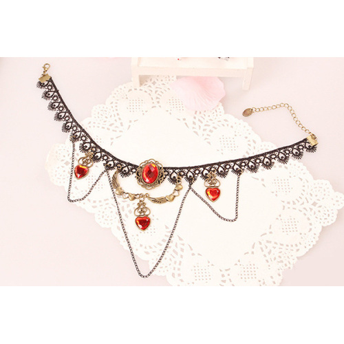 Black Lace Necklet Retro Red Gems Necklace