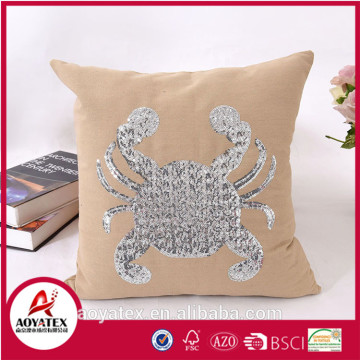 Taupe color Sequin embroidery home decorative pillow, faux linen cushion with crab embroidery, sofa decorative cushion