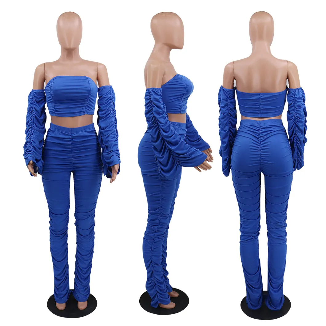 Popular Sexy off Shoulder Women Clothing Puff Sleeve Stacked Pants Two Piece Set