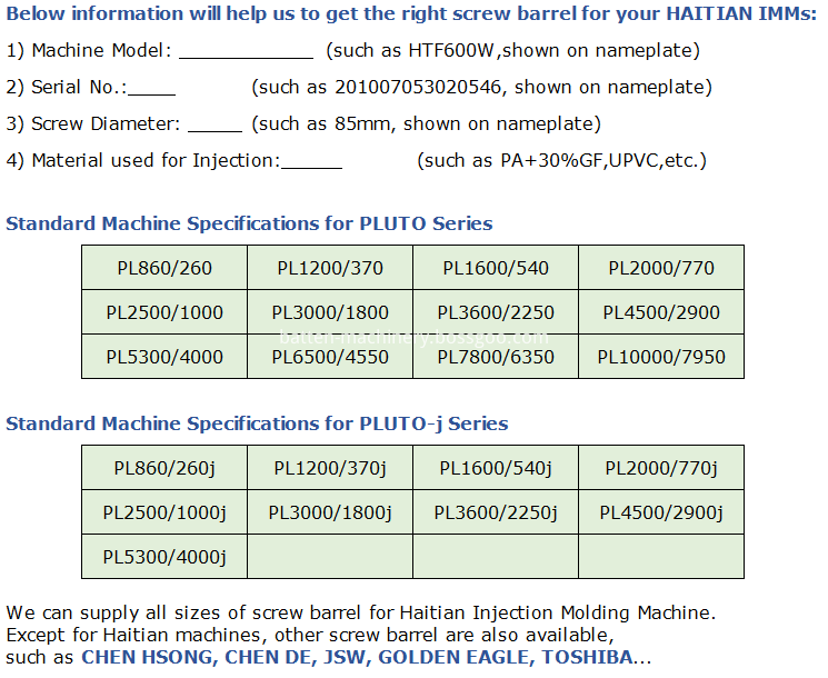 Haitian Pluto 2500j Screw Barrel / Screw Barrel untuk Mesin Haitian PL2500J