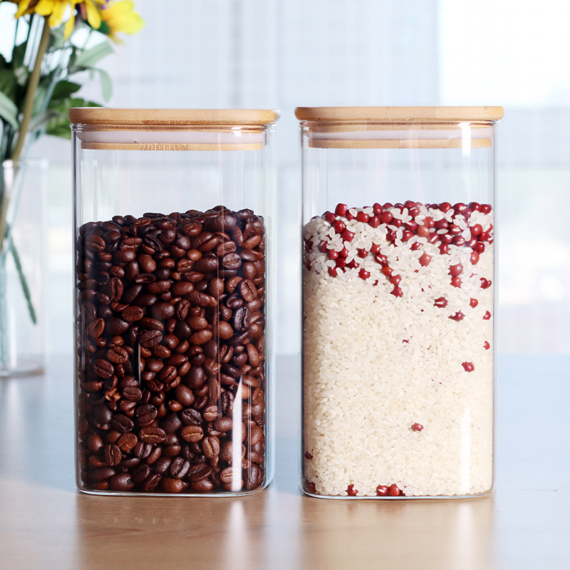 High-quality Borosilicate Glass Square Bamboo Lid Jar storage container jar
