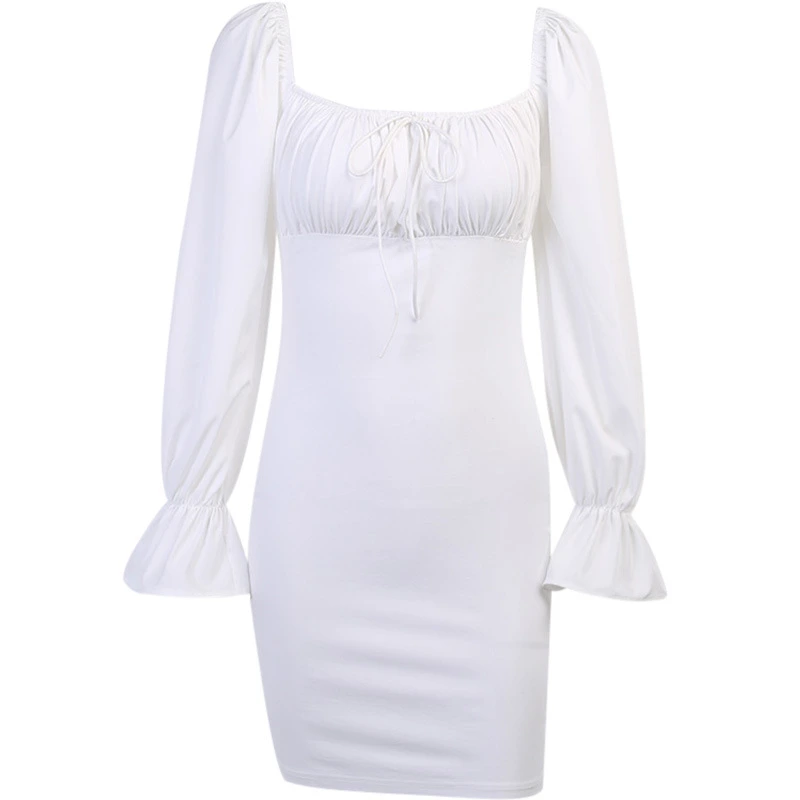 Spring and Summer New Sexy Square Neck White Long-Sleeved Dress with One Word Shoulder Pleated Chest