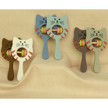 Cat Silicone Teething Toy Rattle with Wooden Ring