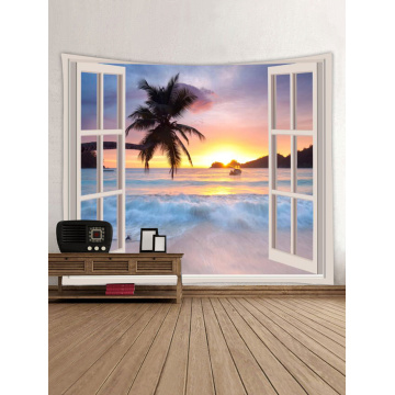 Tapestry Wall Tapestry Wall Hanging Windows Beach Sea Ocean Series Tapestry Tropical Style Sunrise Coconut Tree Tapestry for Bed