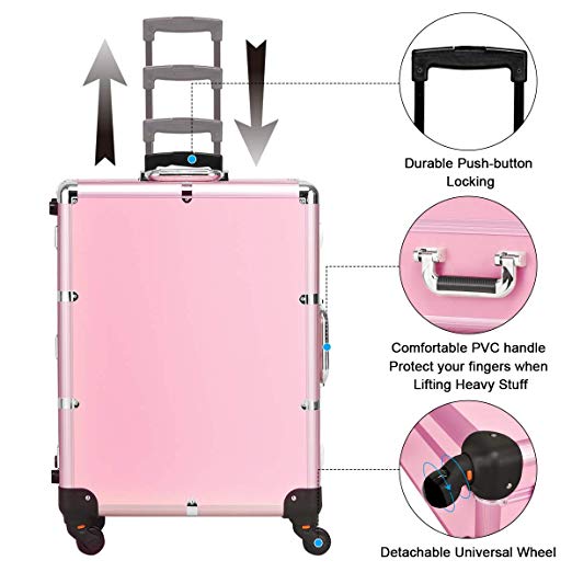 Aluminum professional rolling makeup case with lights