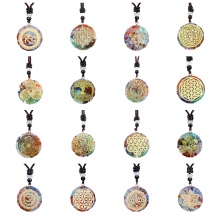 Gold Pattern Resin Polygon 7 Chakra Stone Pendant Necklace Energy Crystal Pendant Necklace With Black Adjustable Cord