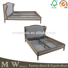 french oak wood upholstered wing back bed, oak wing back bed, wing bed