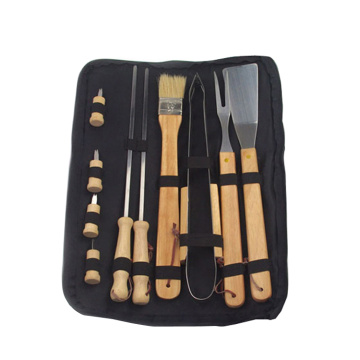 Accessoires pour outils de barbecue 10 pièces avec poignée en bois