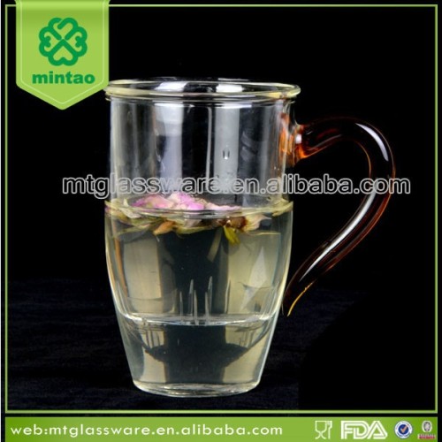 Glass tea cup with tea strainer and handle