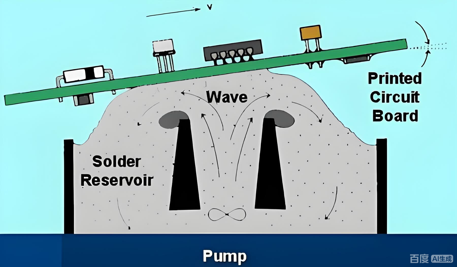 Diagrama del proceso de soldadura por ola tradicional que muestra la PCB pasando sobre una ola de soldadura fundida Traditional wave soldering process diagram showing PCB passing over molten solder wave