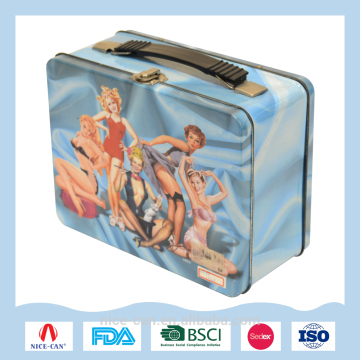 Square Tin Suitcase With Handle Tin Packaging Hinged Tin Lunch Box