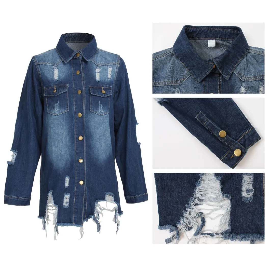 Women Fashion Blue Denim Coats Fall Cropped Jean Jackets for Ladies