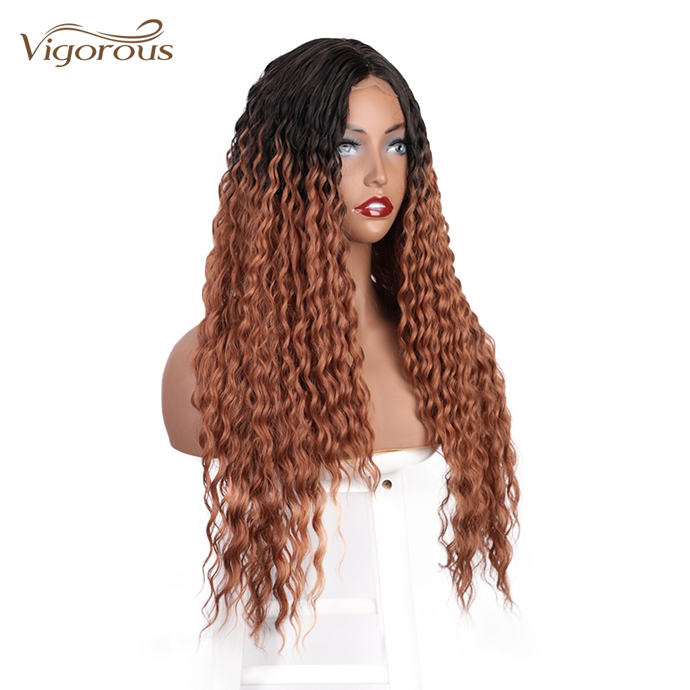 Vigorous High Quality Long Jerry Curl Small Part Lace Natural Hairline Ombre Honey Brown For Black Women Synthetic Hair Wigs
