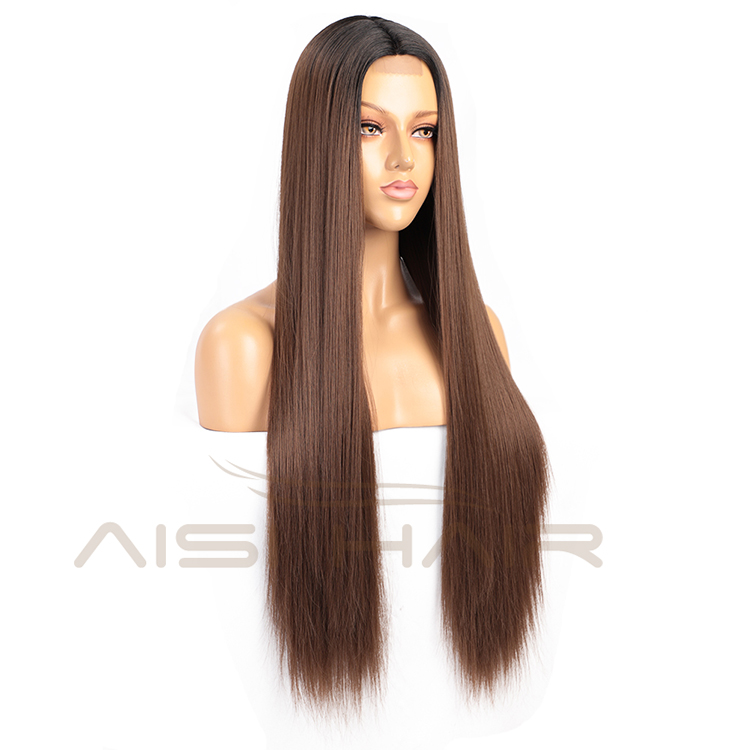 Aisi Hair Cheap High Quality Long Silky Straight Ombre Brown Dark Root Lace Wig Synthetic Hair Lace Front Wigs For Black Women