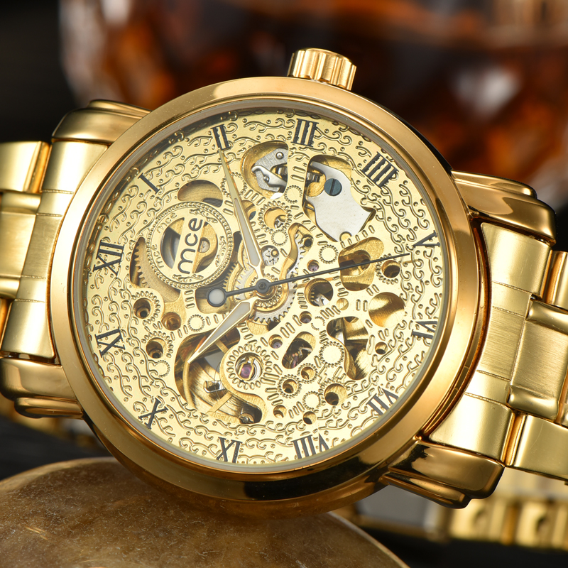 Gold 3 ATM Waterproof Mechanical Skeleton Watch