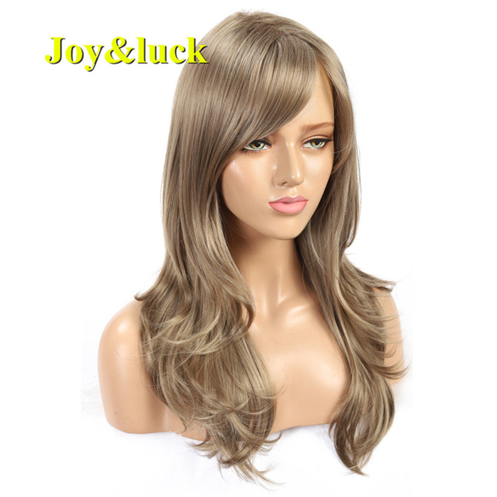 Wholesale Price Long Blonde Mix Brown Color Party Natural Wave Wigs for Women With Bangs Cosplay Wig Style Synthetic Hair Wigs