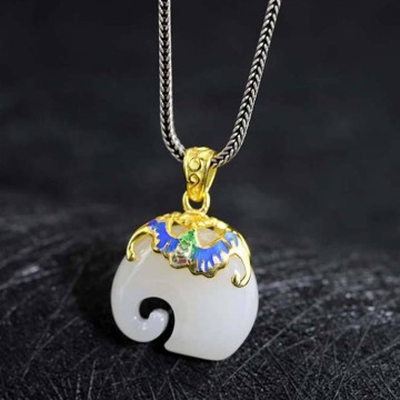 Gold Plated Enamel White Jade Elephant Wheat Necklace