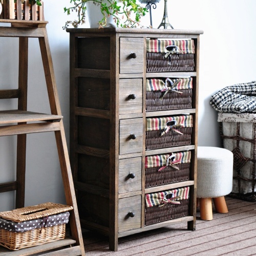 4 Tier Wood Cabinet With Drawers Rattan Basket