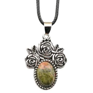 Gemstone Rose Alloy Crystal Pendant Necklace Natural Stone Cabs Oval Shape Charm Pendant Choker with Black Leather Cord Necklace