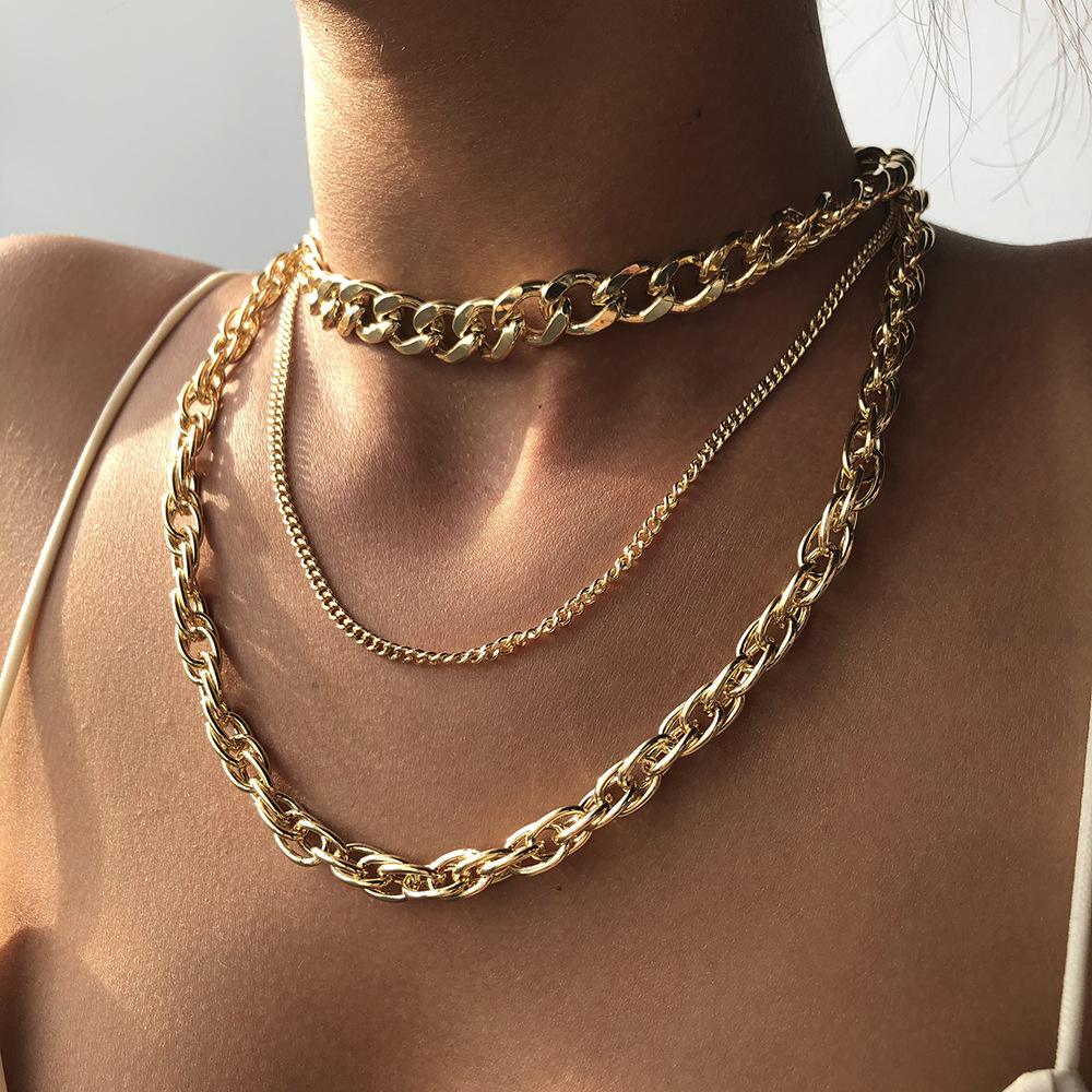 2021 Hot selling women punk fashion gold plated layered chains necklaces accessories jewelry