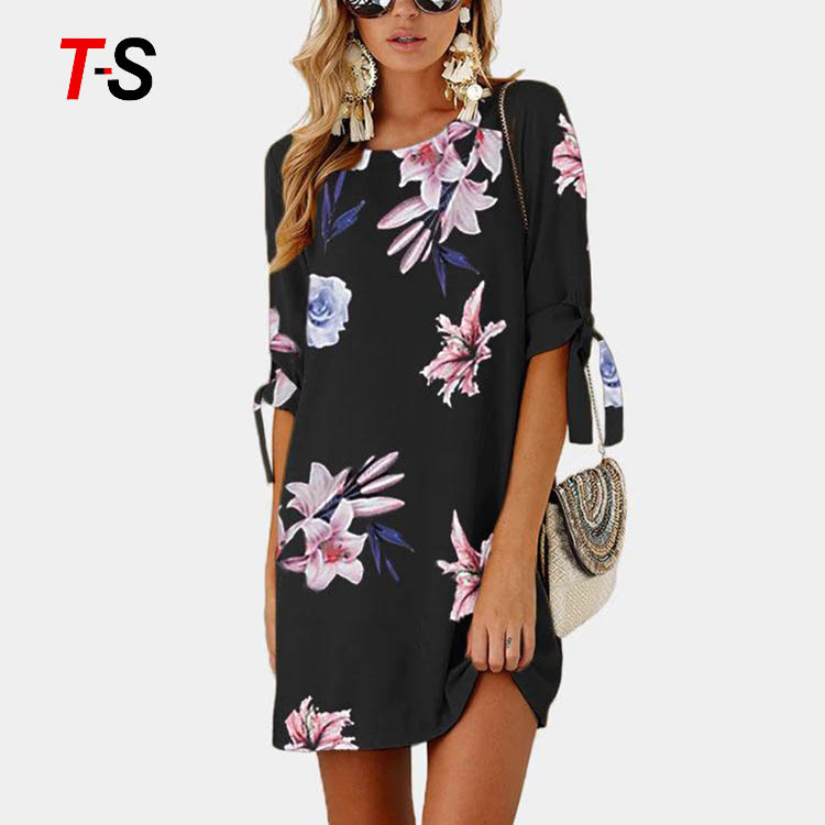 New summer fashion short sleeve print tie round neck dress