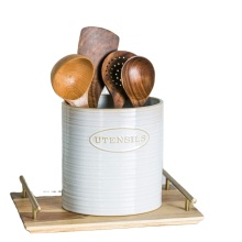 Vintage Style Porcelain Utensil Holder - Oval Ceramic Crock for Kitchen & Home & Hotel