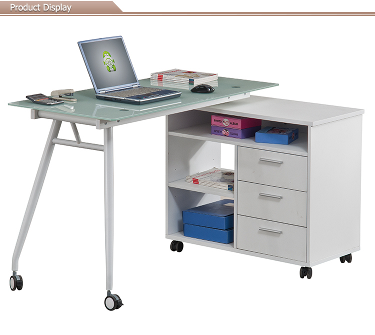 Custom Made L Shaped Glass Computer Desk With Wheels