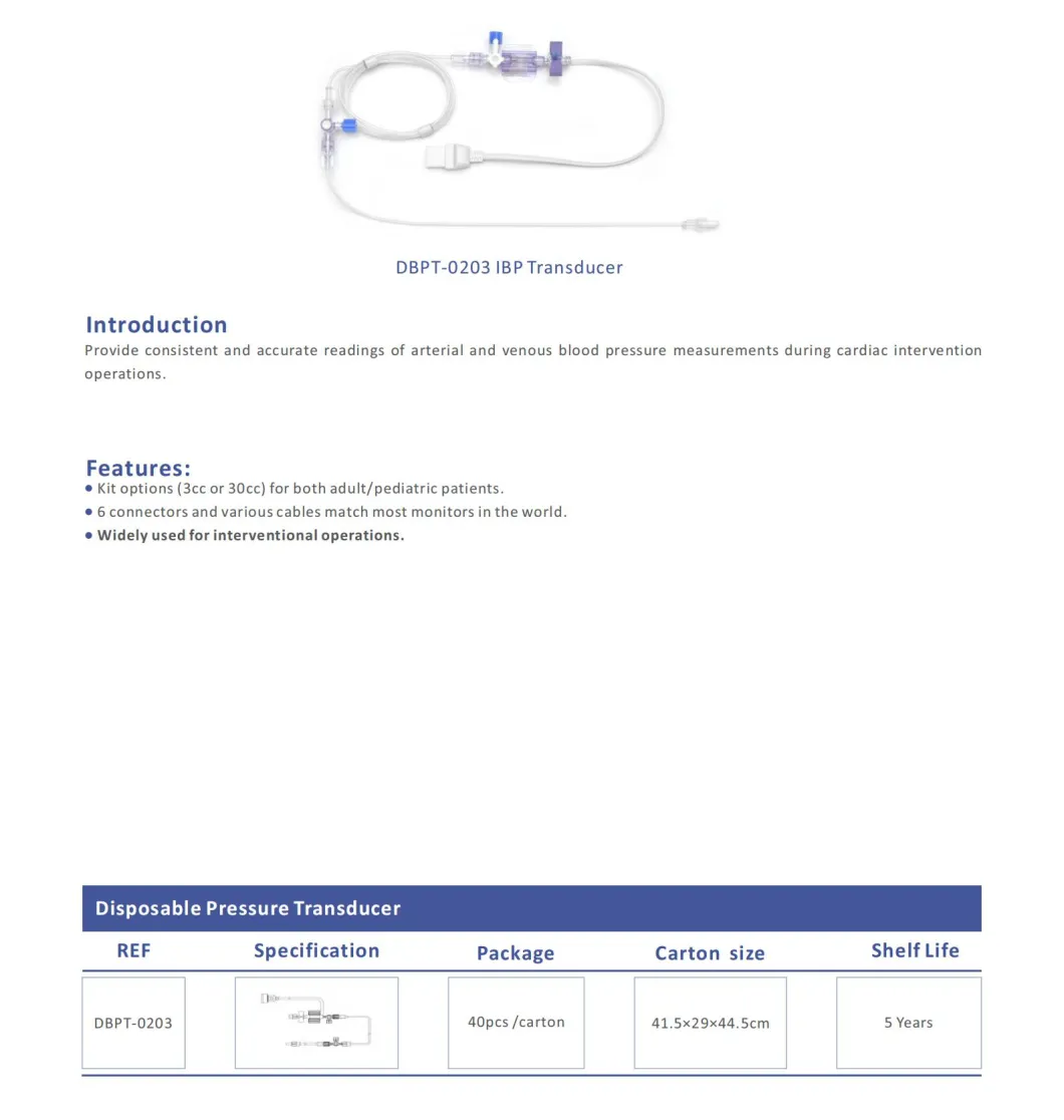 Medical Instrument China Factory Supply High Durometer Pressure Tubing Disposable Blood Pressure Transducer