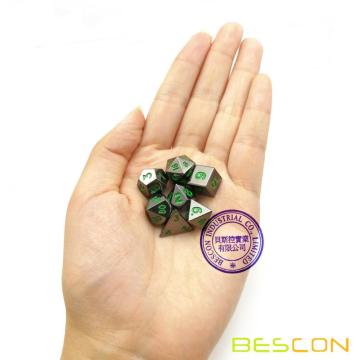 Bescon 10MM Mini Solid Metal Dice Set Glossy Black with Green Numbers, Mini Metallic Polyhedral D&D RPG Miniature Dice 7-sets