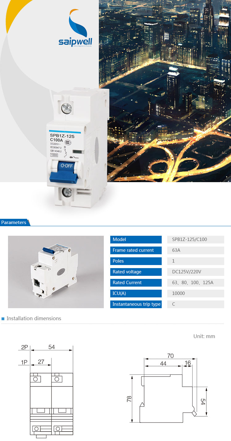 SAIP/SAIPWELL 1 Pole DC125/220V 100A IP65 Electrical MCCB Circuit Breakers WITH CE