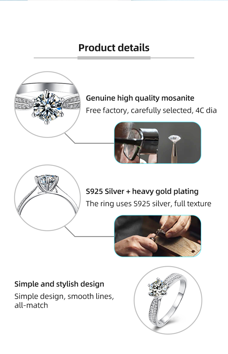 Classic Luxury  Ring Moissanite Jewelry Four Prong Diamond Set in 925  Pure Silver Square Holder  With Good Quality