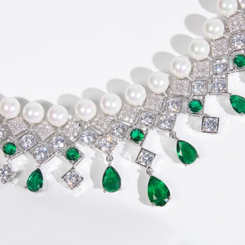 Pearl Teardrop Fringe Bridal CZ Jewelry Set