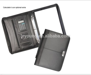Portable Black Zip Leather Filing Padfolio With Ring Binder