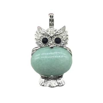 Green Aventurine Oval Beads CZ Rhinestone Silver cz owl Pendant