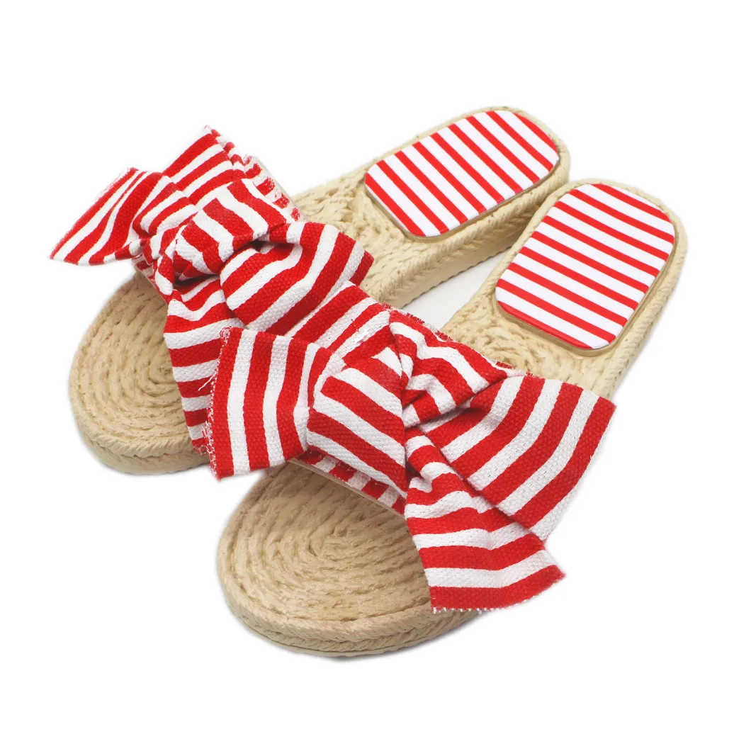 Summer Stylish Blue Bow Design Women's Slippers Household Comfortable Breathable Cotton Straw Woven Women Slippers