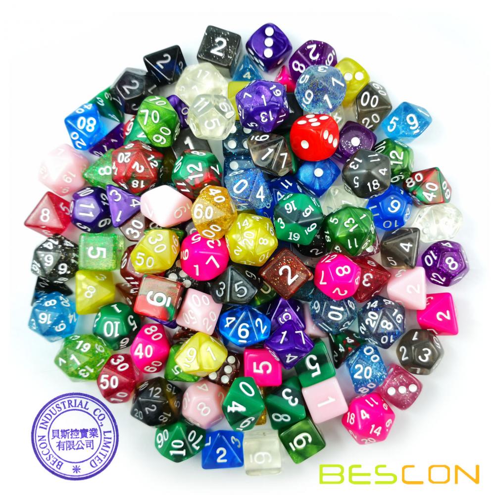 Ensemble de trésors Bescon 120pcs, Paquet de dés RPG mélangé au hasard de 120; Mélange de dés polyédriques de paillettes arc-en-ciel, gemmes, tourbillonnants, styles de pierre